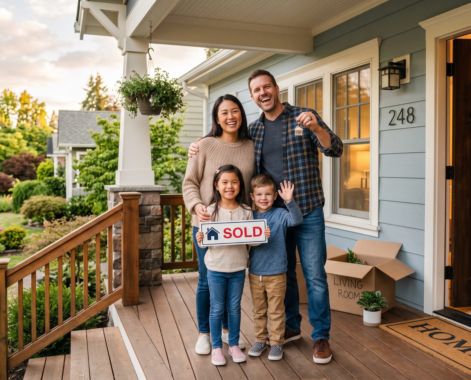 A happy family celebrating their new home